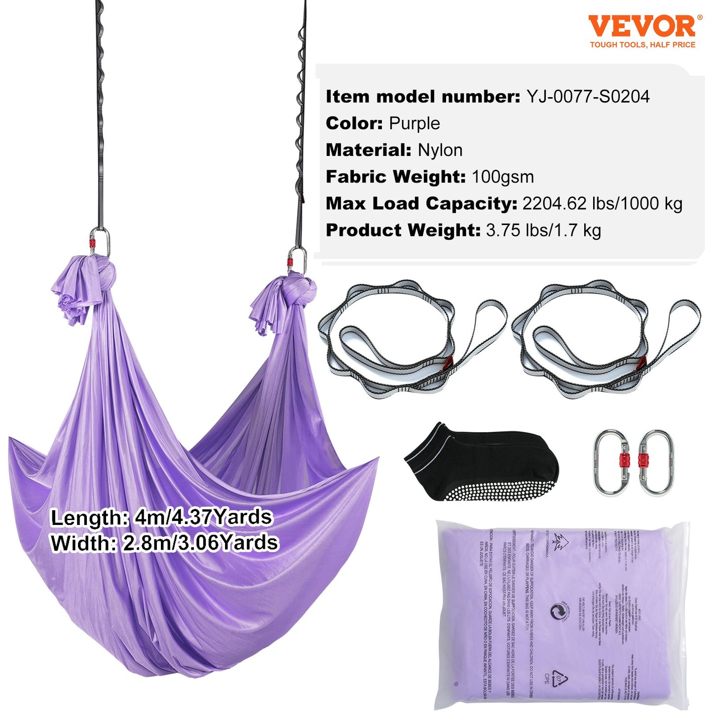 Aerial Yoga Hängematte &amp; Schaukel, 4,4 Yards, Yoga-Starter-Kit mit 100 g/m² Nylongewebe, komplette Takelage-Hardware und einfache Installationsanleitung, Anti-Schwerkraftfliegen für Fitness-Bodybuilding aller Niveaus, Lila