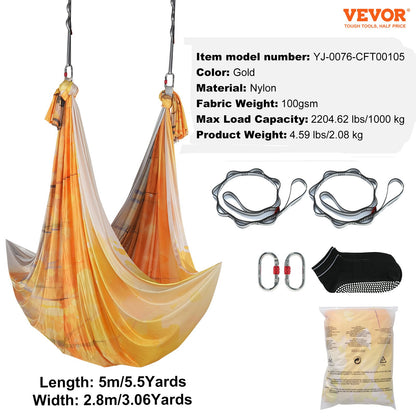 Aerial Yoga Hammock & Swing, 5.5 Yards, Aerial Yoga Starter Kit with 100gsm Nylon Fabric, Full Rigging Hardware & Easy Set-up Guide, Antigravity Flying for All Levels Fitness Bodybuilding, Gold