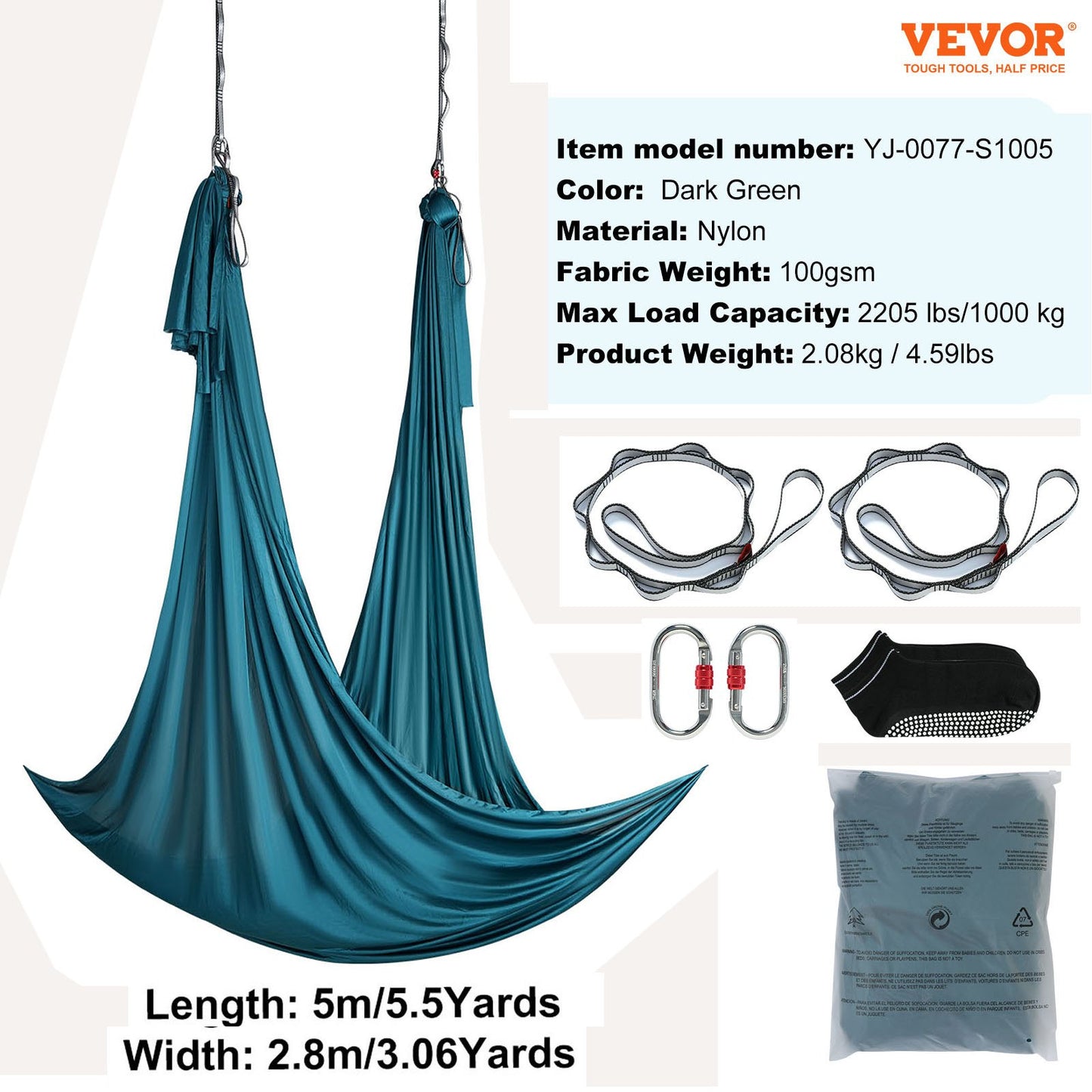 Aerial Yoga Hammock & Swing, 5.5 Yards, Aerial Yoga Starter Kit with 100gsm Nylon Fabric, Full Rigging Hardware & Easy Set-up Guide, Antigravity Flying for All Levels Fitness Bodybuilding, Green