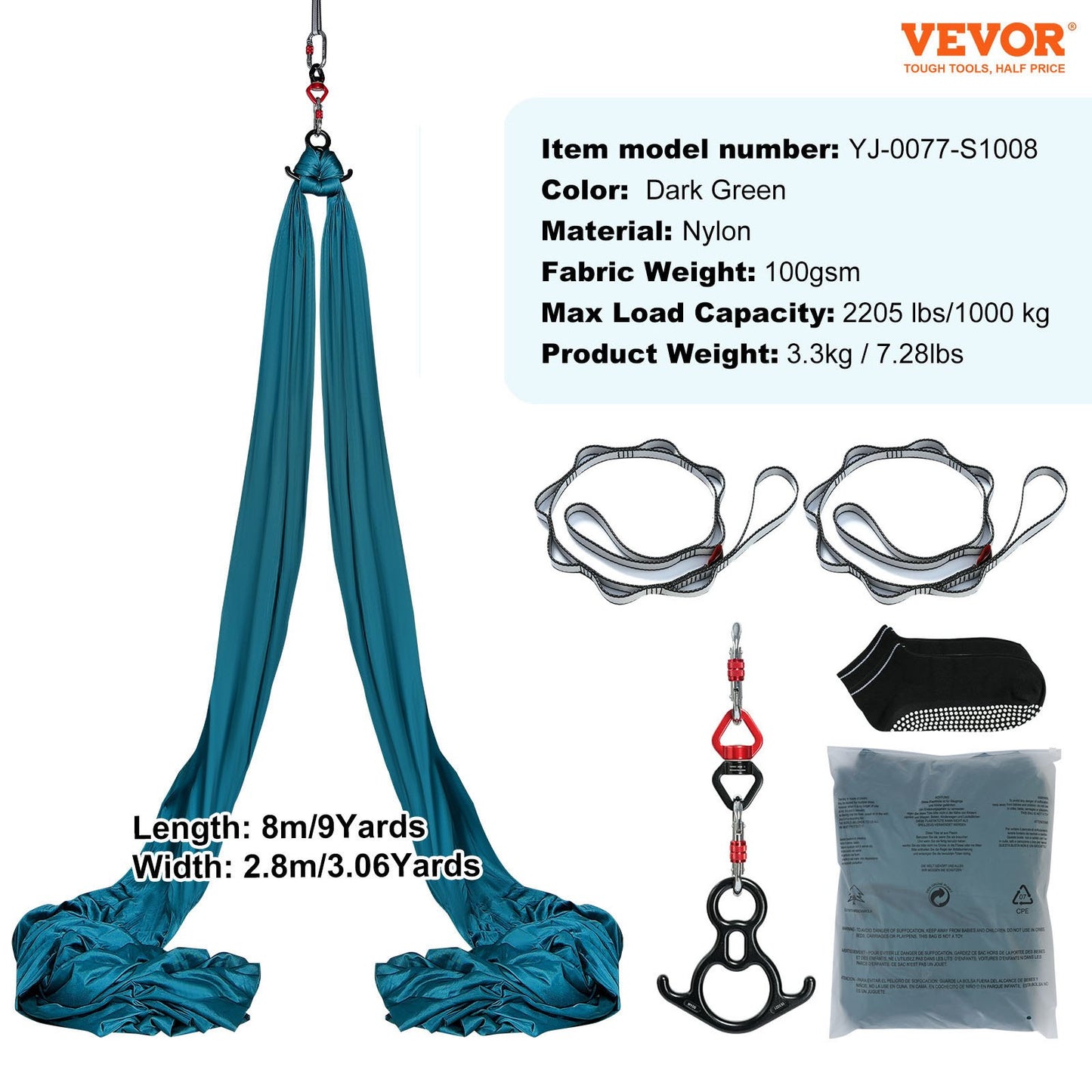 Aerial Silk & Yoga Swing, 8,7 Yards, Aerial Yoga Hängmatta Kit med 100gsm nylontyg, Fullrigging Hårdvara och enkel installationsguide, Antigravity Flying för alla nivåer Fitness Bodybuilding, Grön