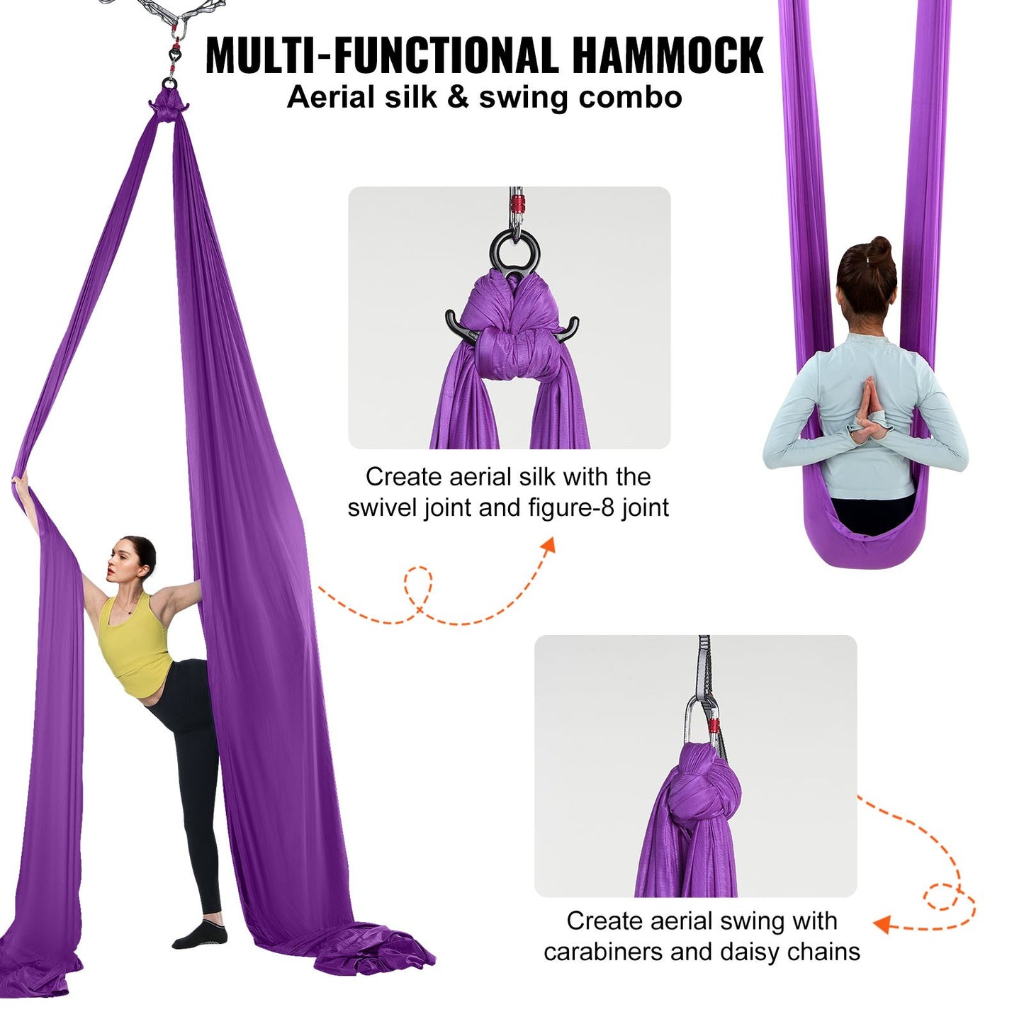Aerial Silk & Yoga Swing, 8.7 Yards, Aerial Yoga Hammock Kit with 100gsm Nylon Fabric, Full Rigging Hardware & Easy Set-up Guide, Antigravity Flying for All Levels Fitness Bodybuilding, Purple