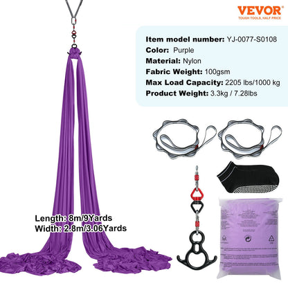 Aerial Silk & Yoga Swing, 8.7 Yards, Aerial Yoga Hammock Kit with 100gsm Nylon Fabric, Full Rigging Hardware & Easy Set-up Guide, Antigravity Flying for All Levels Fitness Bodybuilding, Purple