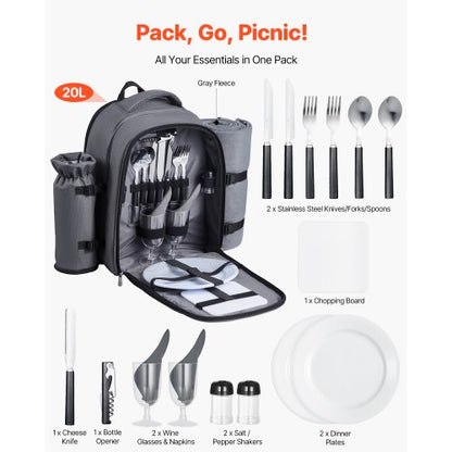 Strand-Picknick-Rucksack für 2 Personen mit Kühlfach grau | EU