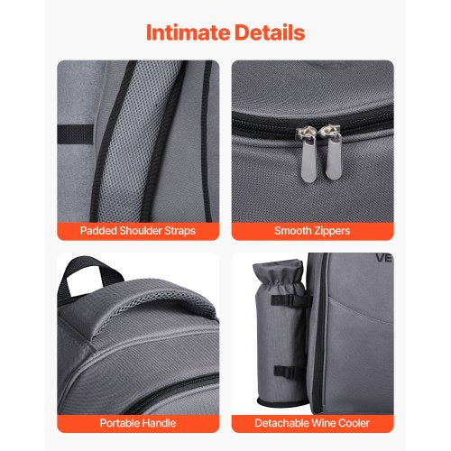 Strand-Picknick-Rucksack für 2 Personen mit Kühlfach grau | EU