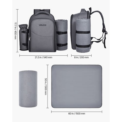 Strand-Picknick-Rucksack für 2 Personen mit Kühlfach grau | EU