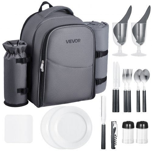 Picnic Backpack, Beach Picnic Backpack Bag for 2 Person with Insulated Cooler Compartment, Detachable Bottle/Wine Holder, Lightweight Blanket, Plates and Cutlery Set for Hiking, Camping, Grey