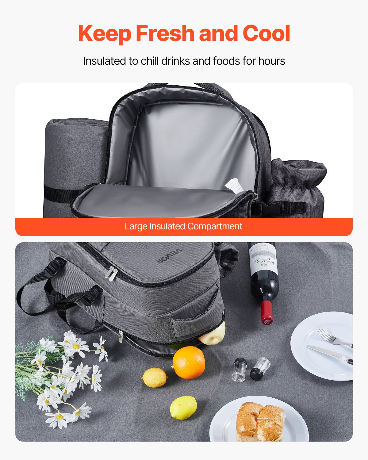 Picnic Backpack, Beach Picnic Backpack Bag for 2 Person with Insulated Cooler Compartment, Detachable Bottle/Wine Holder, Lightweight Blanket, Plates and Cutlery Set for Hiking, Camping, Grey