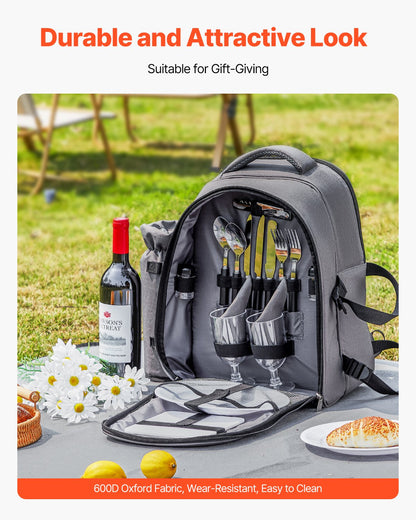 Picnic Backpack, Beach Picnic Backpack Bag for 2 Person with Insulated Cooler Compartment, Detachable Bottle/Wine Holder, Lightweight Blanket, Plates and Cutlery Set for Hiking, Camping, Grey