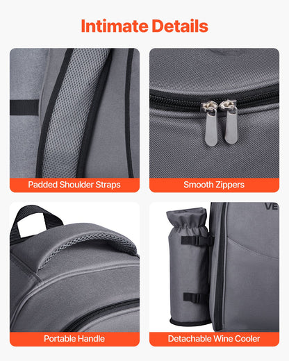 Picnic Backpack, Beach Picnic Backpack Bag for 2 Person with Insulated Cooler Compartment, Detachable Bottle/Wine Holder, Lightweight Blanket, Plates and Cutlery Set for Hiking, Camping, Grey