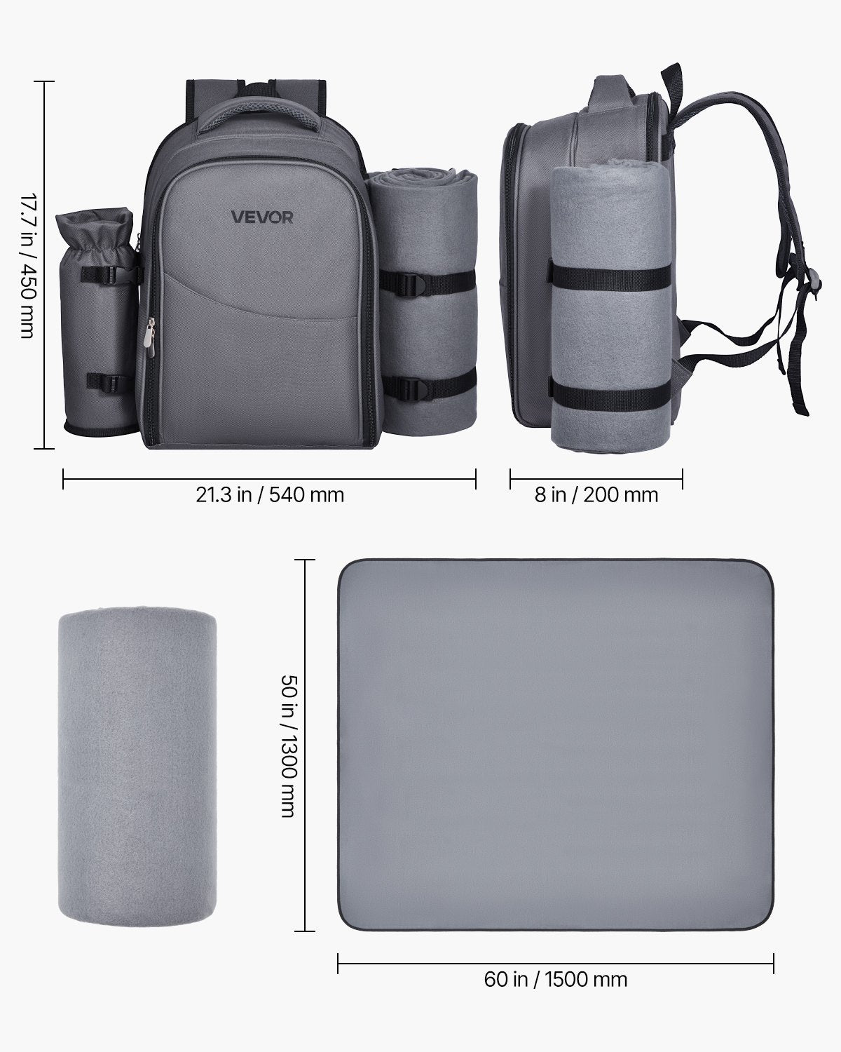 Picnic Backpack, Beach Picnic Backpack Bag for 2 Person with Insulated Cooler Compartment, Detachable Bottle/Wine Holder, Lightweight Blanket, Plates and Cutlery Set for Hiking, Camping, Grey