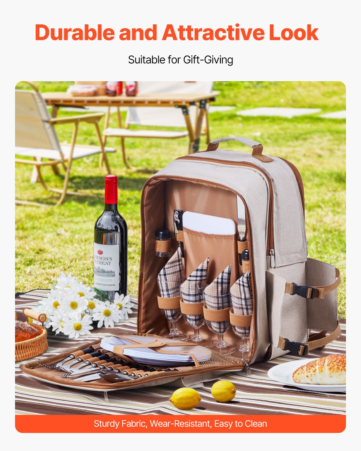 Picnic Backpack, Beach Picnic Backpack Bag for 4 Person with Insulated Cooler Compartment, Detachable Bottle/Wine Holder, Lightweight Blanket, Plates & Cutlery Set for Outdoor, Hiking, Camping