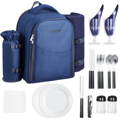 Picnic Backpack, Beach Picnic Backpack Bag for 2 Person with Insulated Cooler Compartment, Detachable Bottle/Wine Holder, Lightweight Blanket, Plates & Cutlery Set for Hiking, Camping, Navy Blue