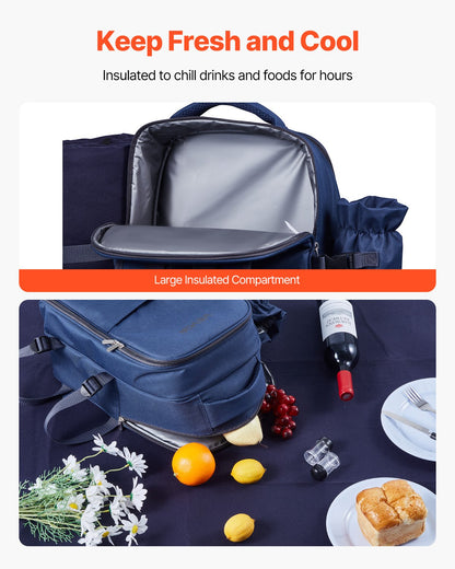 Picnic Backpack, Beach Picnic Backpack Bag for 2 Person with Insulated Cooler Compartment, Detachable Bottle/Wine Holder, Lightweight Blanket, Plates & Cutlery Set for Hiking, Camping, Navy Blue