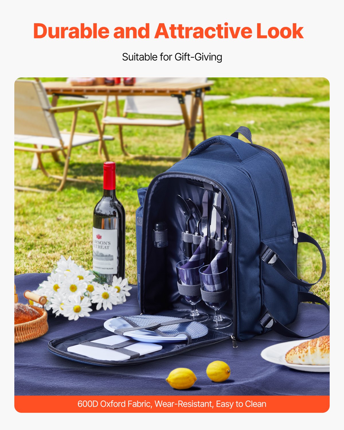 Picnic Backpack, Beach Picnic Backpack Bag for 2 Person with Insulated Cooler Compartment, Detachable Bottle/Wine Holder, Lightweight Blanket, Plates & Cutlery Set for Hiking, Camping, Navy Blue