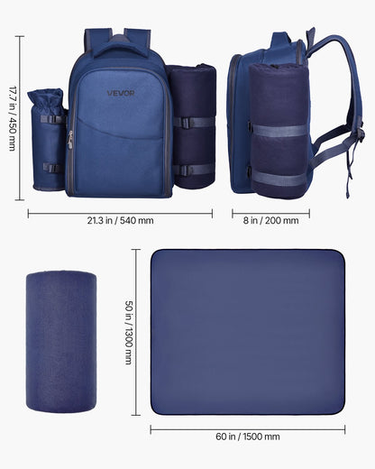 Picnic Backpack, Beach Picnic Backpack Bag for 2 Person with Insulated Cooler Compartment, Detachable Bottle/Wine Holder, Lightweight Blanket, Plates & Cutlery Set for Hiking, Camping, Navy Blue