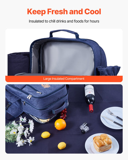 Picnic Backpack, Beach Picnic Backpack Bag for 4 Person with Insulated Cooler Compartment, Detachable Bottle/Wine Holder, Lightweight Blanket, Plates and Cutlery Set for Outdoor, Navy Blue