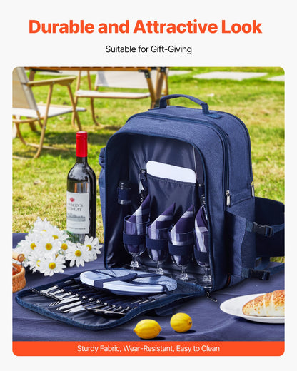 Picnic Backpack, Beach Picnic Backpack Bag for 4 Person with Insulated Cooler Compartment, Detachable Bottle/Wine Holder, Lightweight Blanket, Plates and Cutlery Set for Outdoor, Navy Blue
