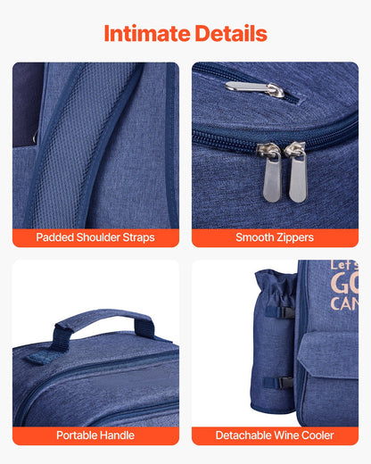 Picnic Backpack, Beach Picnic Backpack Bag for 4 Person with Insulated Cooler Compartment, Detachable Bottle/Wine Holder, Lightweight Blanket, Plates and Cutlery Set for Outdoor, Navy Blue