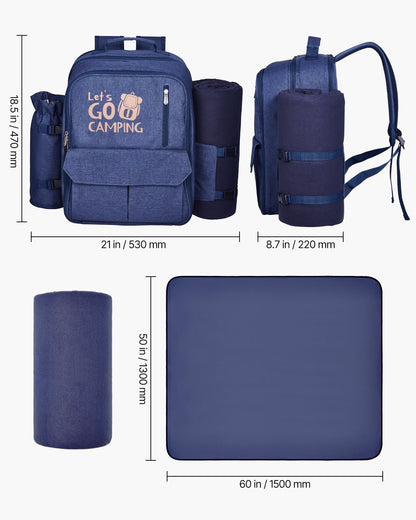 Picnic Backpack, Beach Picnic Backpack Bag for 4 Person with Insulated Cooler Compartment, Detachable Bottle/Wine Holder, Lightweight Blanket, Plates and Cutlery Set for Outdoor, Navy Blue