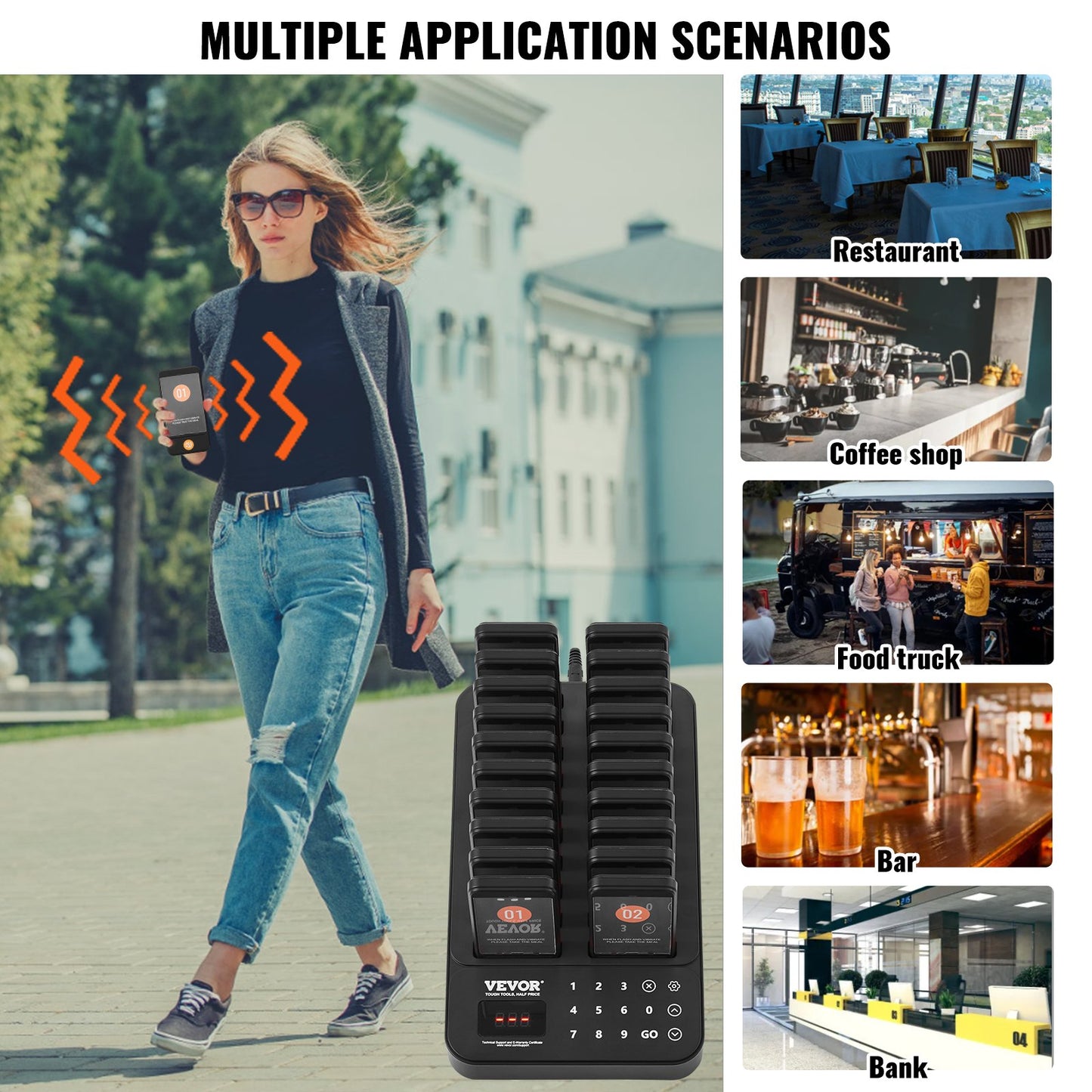 Restaurant Pager System, Wireless 400m Long Range Lineup Waiting Queue Signal, Guest Customer Calling Beepers with Vibration & Flashing, 20 Buzzers for Food Truck, Church, Nursery, Hospital