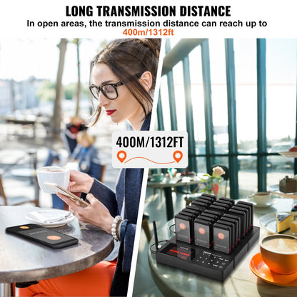 Restaurant Pager System, Wireless 400m Long Range Lineup Waiting Queue Signal, Guest Customer Calling Beepers with Vibration & Flashing, 24 Buzzers for Food Truck, Church, Nursery, Hospital