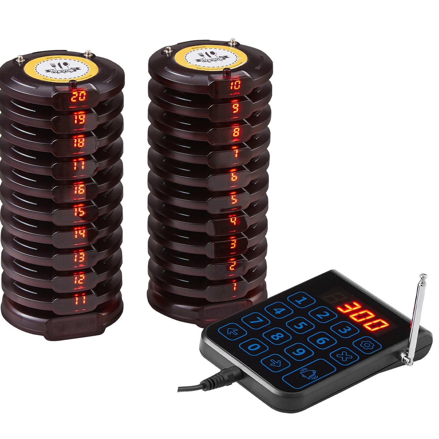Restaurant Pager System, Wireless 500m Long Range Lineup Waiting Queue Signal, Guest Customer Calling Beepers with Vibration & Flashing, 20 Buzzers for Food Truck, Church, Nursery, Hospital