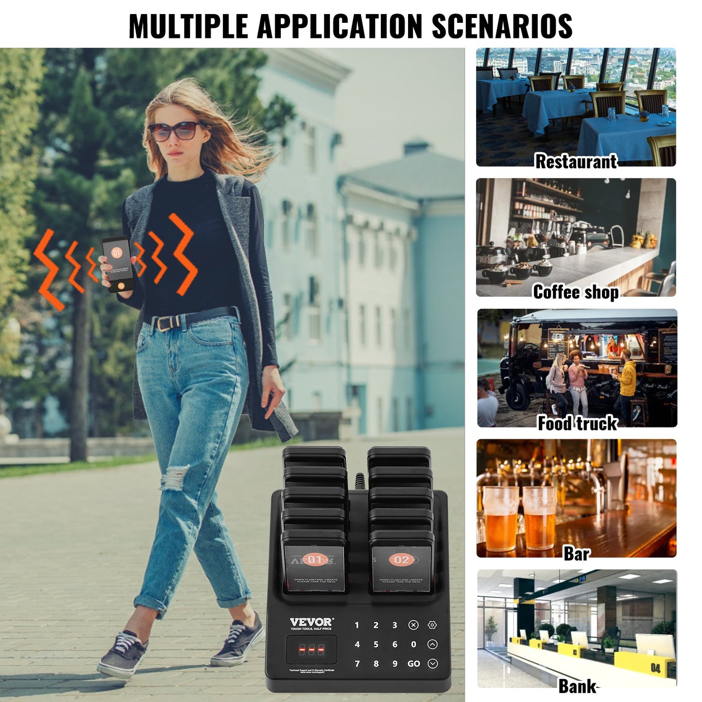 Restaurant Pager System, Wireless 400m Long Range Lineup Waiting Queue Signal, Guest Customer Calling Beepers with Vibration & Flashing, 10 Buzzers for Food Truck, Church, Nursery, Hospital