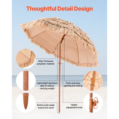 Tiki-Schirm, Strohschirm, 2,08 m, Pool-Schirm für Terrasse und Strand