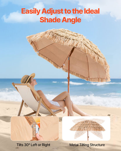 Tiki Umbrella, 6.5 ft Thatched Patio Umbrella with Tilt, Hawaiian Style Beach Parasol with Durable PP Thatch and 8 Metal Ribs, Grass Pool Umbrellas for Beach, Patio, Poolside, Backyard & Garden
