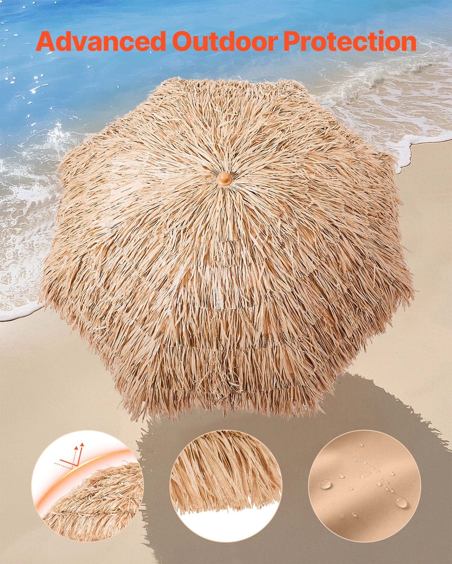 Tiki Umbrella, 6.5 ft Thatched Patio Umbrella with Tilt, Hawaiian Style Beach Parasol with Durable PP Thatch and 8 Metal Ribs, Grass Pool Umbrellas for Beach, Patio, Poolside, Backyard & Garden