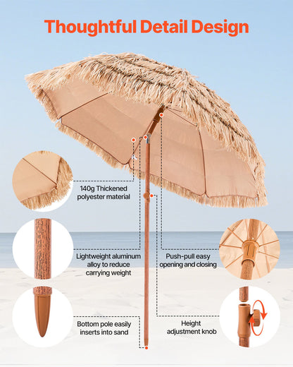 Tiki Umbrella, 6.5 ft Thatched Patio Umbrella with Tilt, Hawaiian Style Beach Parasol with Durable PP Thatch and 8 Metal Ribs, Grass Pool Umbrellas for Beach, Patio, Poolside, Backyard & Garden