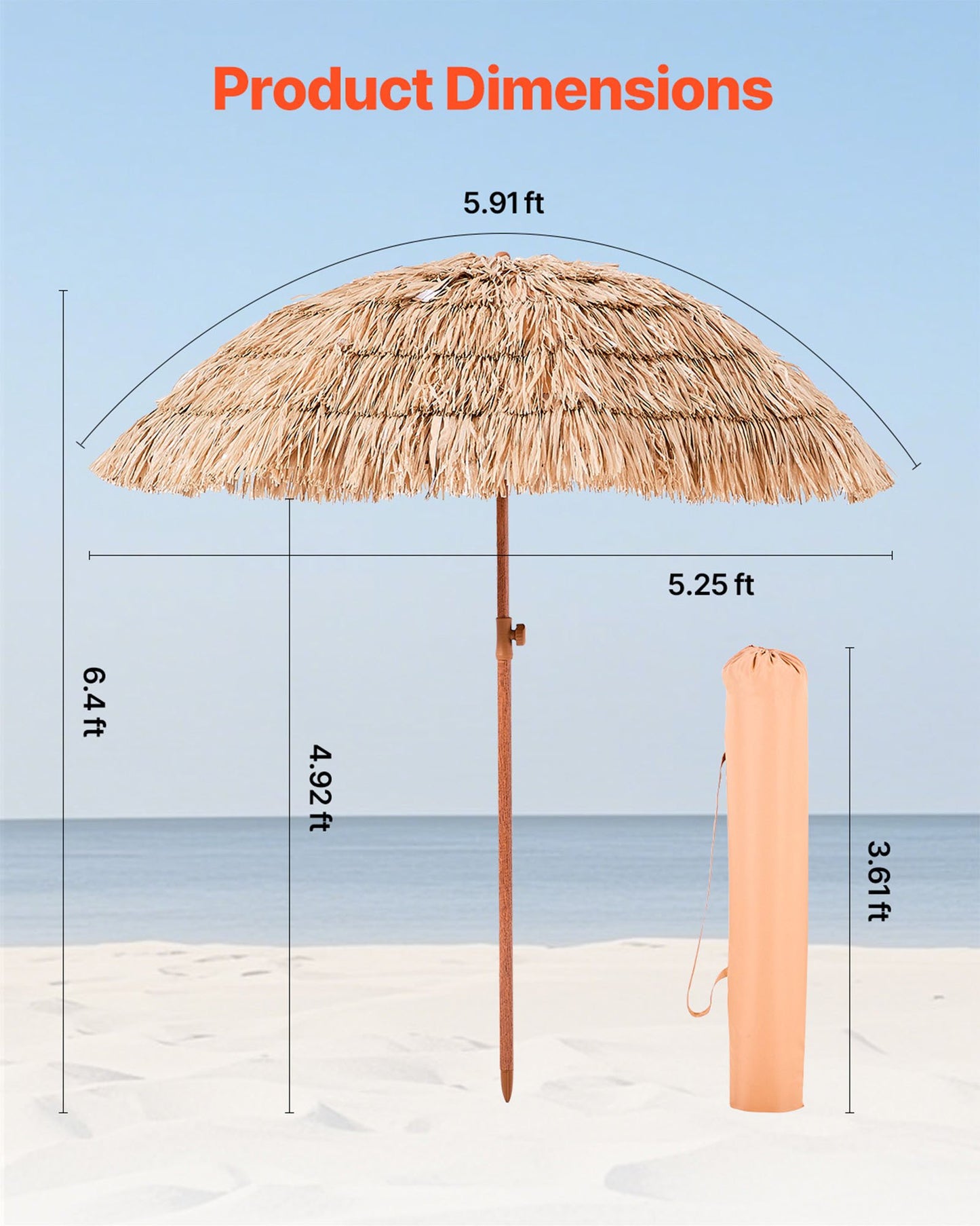 Tiki Umbrella, 6 ft Thatched Patio Umbrella with Tilt, Hawaiian Style Beach Parasol with Durable PP Thatch and 8 Metal Ribs, Grass Pool Umbrellas for Beach, Patio, Poolside, Backyard & Garden