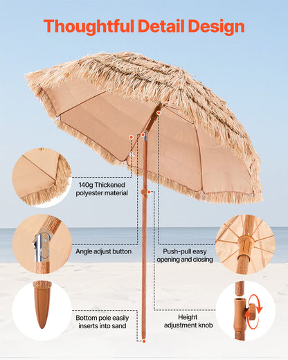 Tiki Umbrella, 6 ft Thatched Patio Umbrella with Tilt, Hawaiian Style Beach Parasol with Durable PP Thatch and 8 Metal Ribs, Grass Pool Umbrellas for Beach, Patio, Poolside, Backyard & Garden