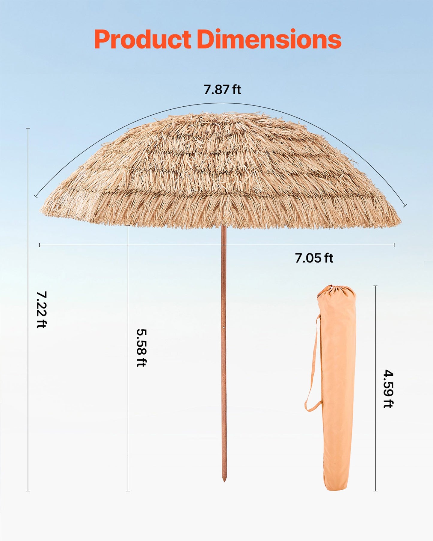 Tiki Umbrella, 8 ft Thatched Patio Umbrella with Tilt, Hawaiian Style Beach Parasol with Durable PP Thatch and 8 Metal Ribs, Grass Pool Umbrellas for Beach, Patio, Poolside, Backyard & Garden