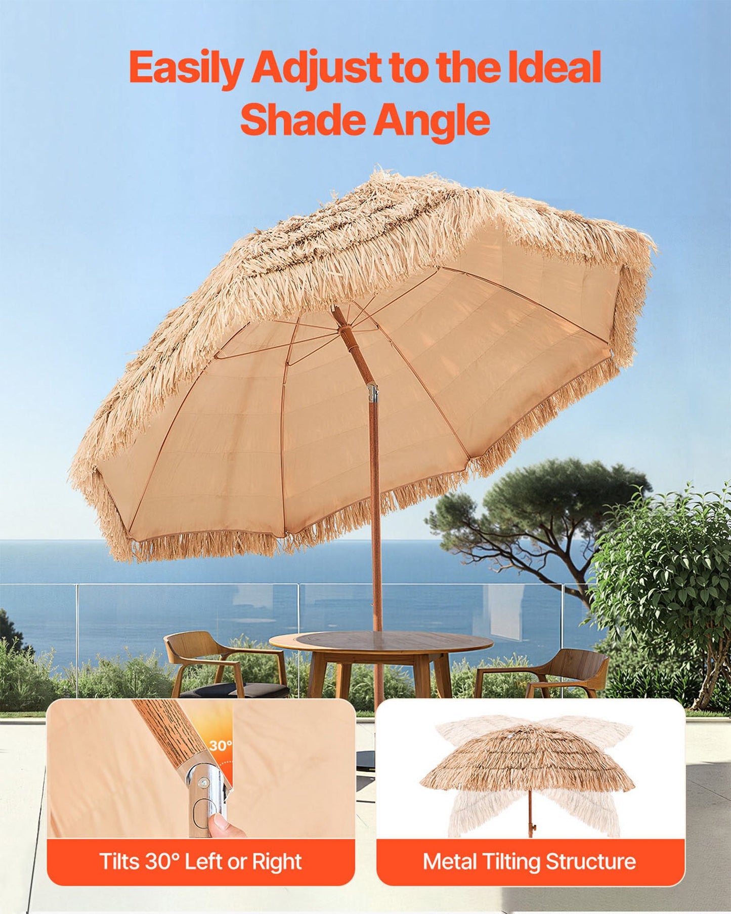 Tiki Umbrella, 8 ft Thatched Patio Umbrella with Tilt, Hawaiian Style Beach Parasol with Durable PP Thatch and 8 Metal Ribs, Grass Pool Umbrellas for Beach, Patio, Poolside, Backyard & Garden