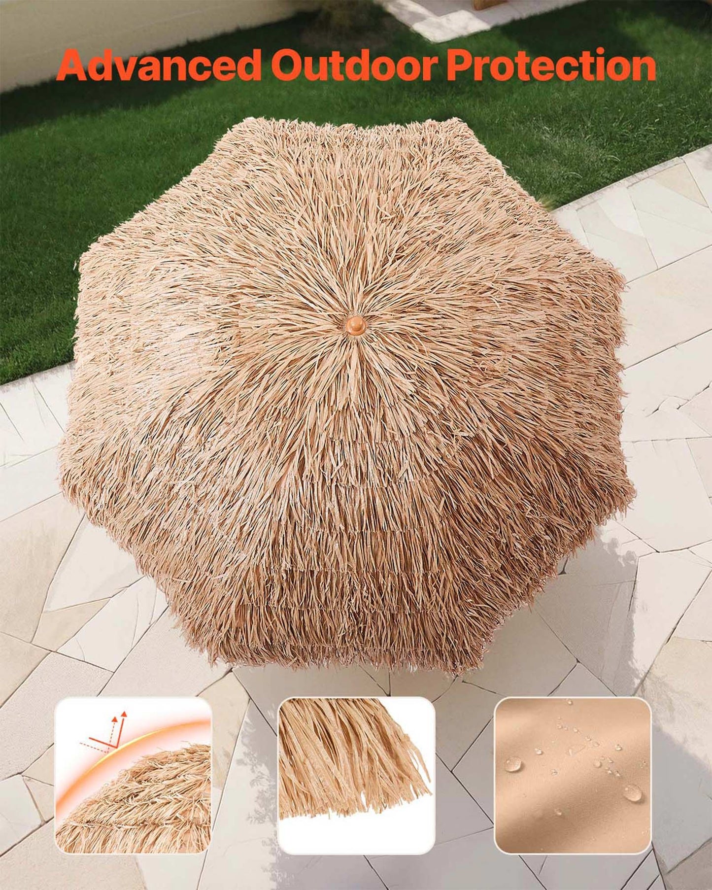 Tiki Umbrella, 8 ft Thatched Patio Umbrella with Tilt, Hawaiian Style Beach Parasol with Durable PP Thatch and 8 Metal Ribs, Grass Pool Umbrellas for Beach, Patio, Poolside, Backyard & Garden