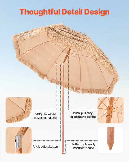 Tiki Umbrella, 8 ft Thatched Patio Umbrella with Tilt, Hawaiian Style Beach Parasol with Durable PP Thatch and 8 Metal Ribs, Grass Pool Umbrellas for Beach, Patio, Poolside, Backyard & Garden