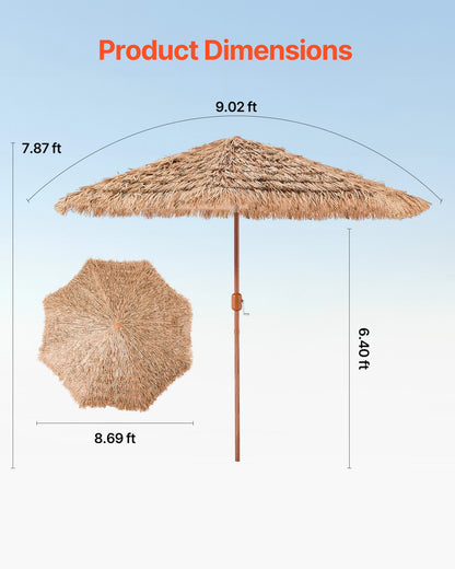 Tiki Umbrella, 9 ft Thatched Patio Umbrella with Tilt, Hawaiian Style Beach Parasol with Durable PP Thatch and 8 Metal Ribs, Grass Pool Umbrellas for Beach, Patio, Poolside, Backyard & Garden