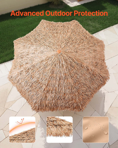 Tiki Umbrella, 9 ft Thatched Patio Umbrella with Tilt, Hawaiian Style Beach Parasol with Durable PP Thatch and 8 Metal Ribs, Grass Pool Umbrellas for Beach, Patio, Poolside, Backyard & Garden