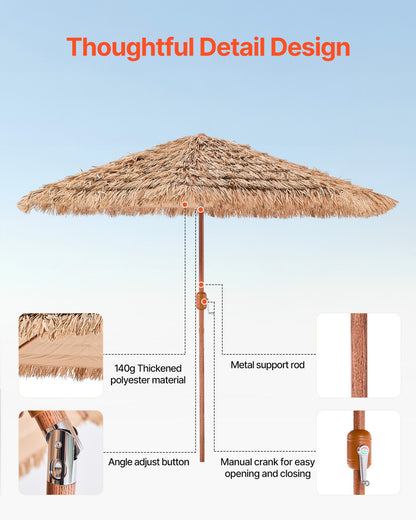 Tiki Umbrella, 9 ft Thatched Patio Umbrella with Tilt, Hawaiian Style Beach Parasol with Durable PP Thatch and 8 Metal Ribs, Grass Pool Umbrellas for Beach, Patio, Poolside, Backyard & Garden