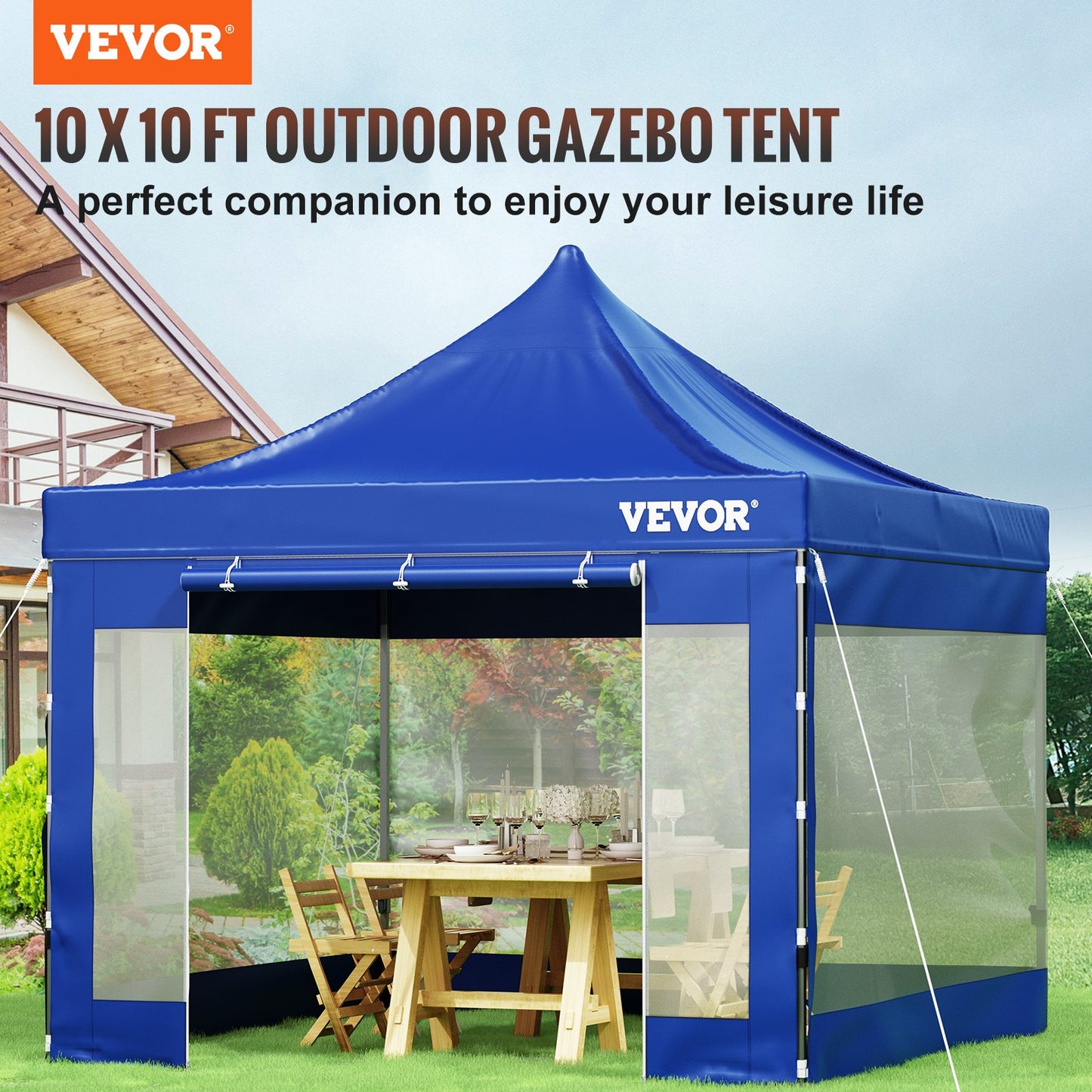 10 x 10 FT Pop Up Canopy Tent, Gazebo Tent with Patio with Removable Side Walls and Carry Bag on Wheels, UV Resistant Waterproof Instant Gazebo Shelter for Party, Garden, Backyard, Blue