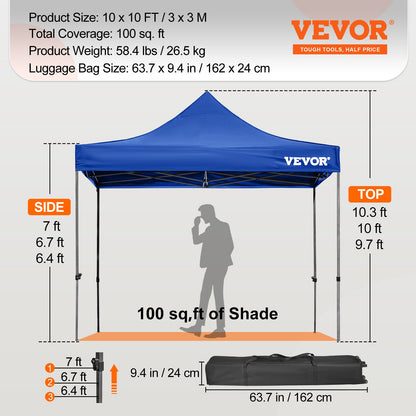 10 x 10 FT Pop Up Canopy Tent, Gazebo Tent with Patio with Removable Side Walls and Carry Bag on Wheels, UV Resistant Waterproof Instant Gazebo Shelter for Party, Garden, Backyard, Blue