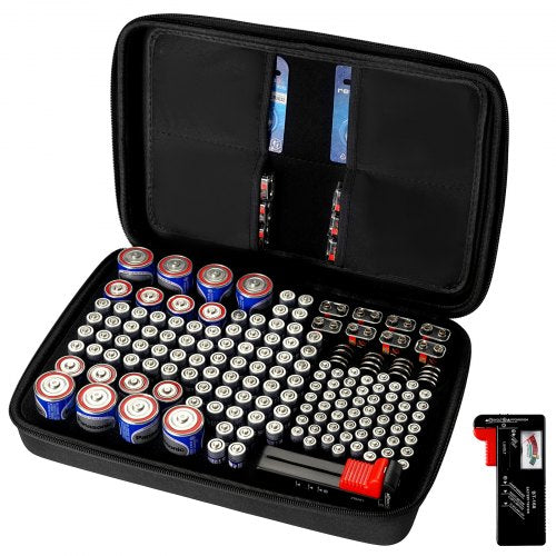 Battery Organizer Storage Box, Battery Case Bag with Tester BT-168, Waterproof Batteries Organizer Storage Case with Zipper, Holds 167 Batteries AA AAA C D 9V Button, Black (Box Only)