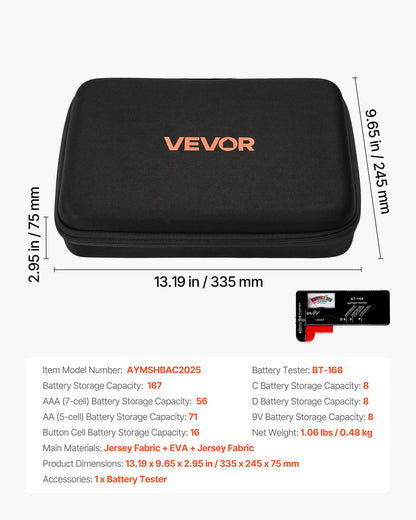Battery Organizer Storage Box, Battery Case Bag with Tester BT-168, Waterproof Batteries Organizer Storage Case with Zipper, Holds 167 Batteries AA AAA C D 9V Button, Black (Box Only)