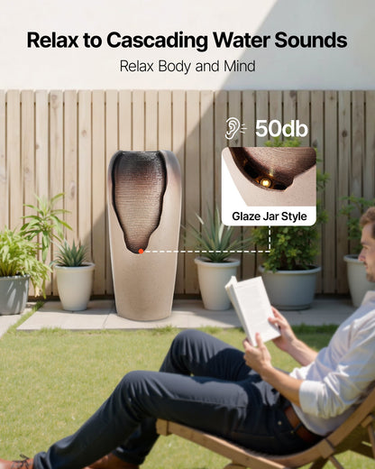 Outdoor Water Fountain, 30.71 in Height Fountain and Waterfall, 1-Tier Floor Standing Glazed Jar Style Fountains with LED Light and Pump, for Outdoor Indoor Garden, Home, Patio & Yard (Coffee)