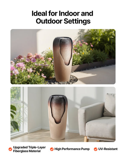 Outdoor Water Fountain, 30.71 in Height Fountain and Waterfall, 1-Tier Floor Standing Glazed Jar Style Fountains with LED Light and Pump, for Outdoor Indoor Garden, Home, Patio & Yard (Coffee)