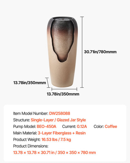 Outdoor Water Fountain, 30.71 in Height Fountain and Waterfall, 1-Tier Floor Standing Glazed Jar Style Fountains with LED Light and Pump, for Outdoor Indoor Garden, Home, Patio & Yard (Coffee)