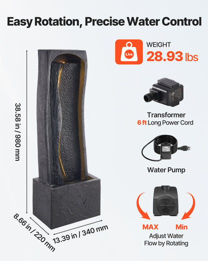 Outdoor Water Fountain, 38.58 in Height Fountain and Waterfall, 1-Tier Floor Standing Rock Base Style Fountains with with LED Light and Pump, for Outdoor Indoor Garden, Home, Patio & Backyard