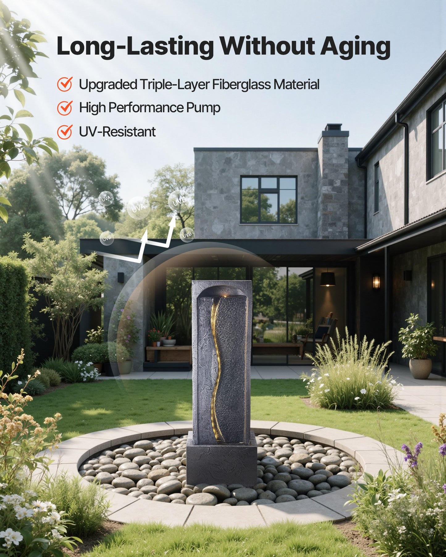 Outdoor Water Fountain, 38.58 in Height Fountain and Waterfall, 1-Tier Floor Standing Rock Base Style Fountains with with LED Light and Pump, for Outdoor Indoor Garden, Home, Patio & Backyard