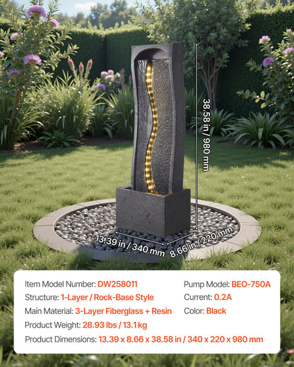 Outdoor Water Fountain, 38.58 in Height Fountain and Waterfall, 1-Tier Floor Standing Rock Base Style Fountains with with LED Light and Pump, for Outdoor Indoor Garden, Home, Patio & Backyard